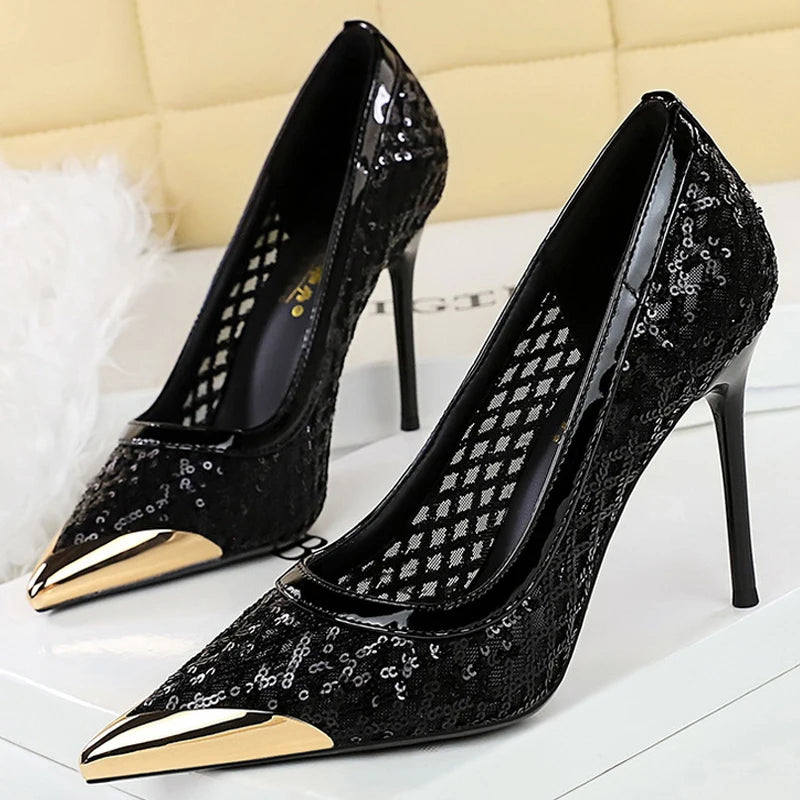 Luxury high heels Sequin mesh Women Pumps Metal pointed tip Women heels 9.5 CM Stiletto Fashion banquet shoes Sexy party shoes