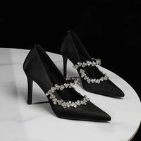 Elegant French Style High Heels Women's Satin Pointed Toe Shoes with Water Diamond Decoration Thin Heel Single Shoes