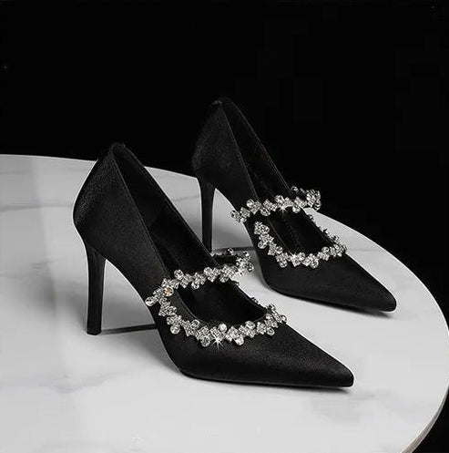 Elegant French Style High Heels Women's Satin Pointed Toe Shoes with Water Diamond Decoration Thin Heel Single Shoes
