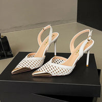 Elegant Hollow Out Woven Stiletto Sandals Women Pointed Toe Metal Straps High Heels
