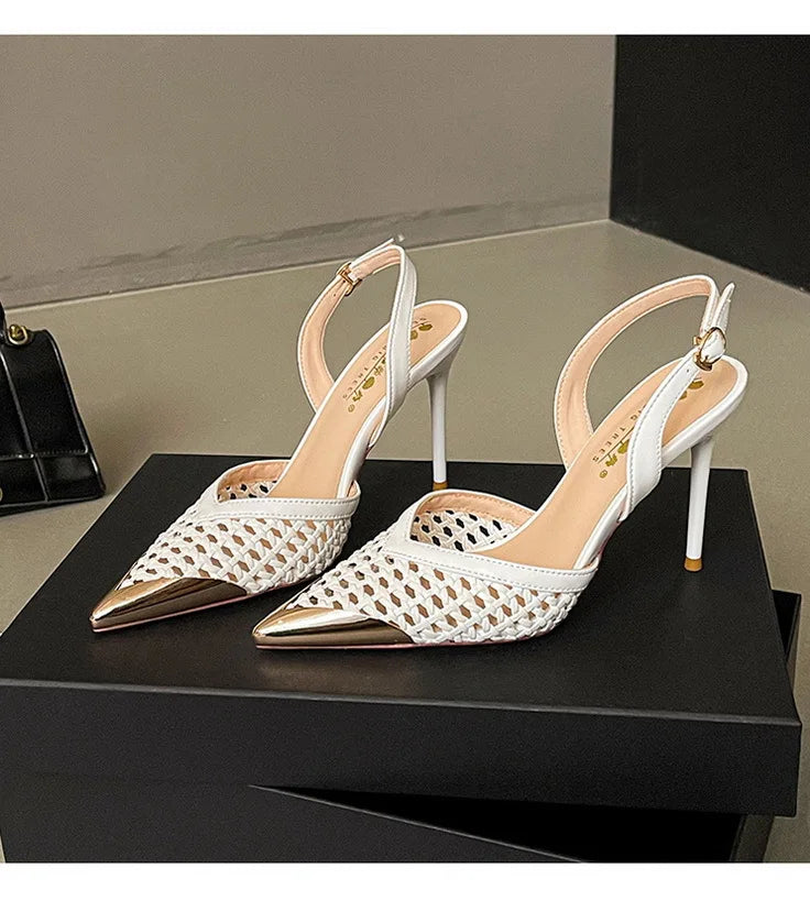 Elegant Hollow Out Woven Stiletto Sandals Women Pointed Toe Metal Straps High Heels