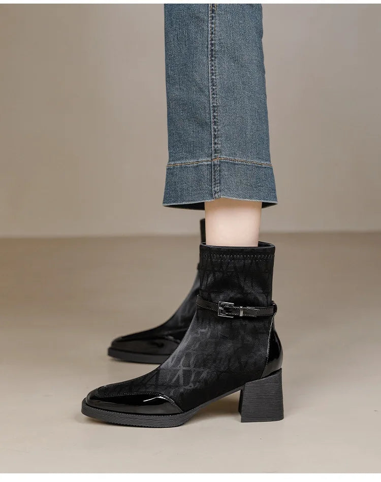 Women's Side Zipper Boot High Heel Short Boot Winter Mid-Calf Boot Chinese Style National Wedding Boot