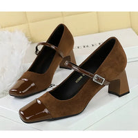 Leopard Print Women Pumps Suede Middle Heel Shoes Sexy Mary Jane Shoes Rhinestone Buckle Ladies Shoe Square Head