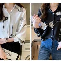 Women's Blouse Long Sleeve Rose Printed Fashionable Chiffon Shirt Long Sleeve Top