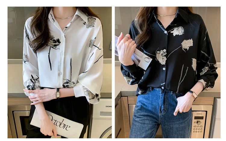 Women's Blouse Long Sleeve Rose Printed Fashionable Chiffon Shirt Long Sleeve Top