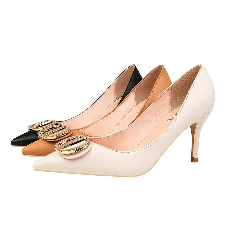 Sexy Women's Stiletto High Heels Shallow Mouth Pointed Toe Metal Buckle Party Single Shoes