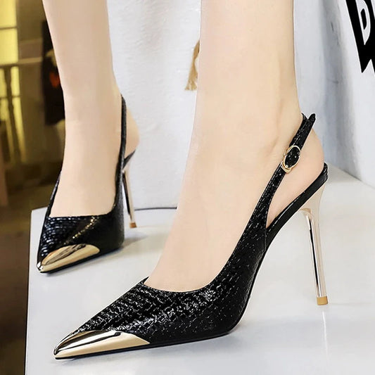 Women Heels Metal pointed tip Women Pumps Hollow out hook strap High heeled sandals Women Summer Shoes Sexy party shoes