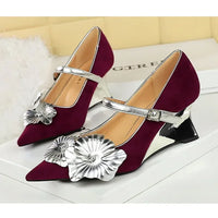 Metal Wedges 6 cm Women Pumps Flower Design High Heels Suede Sexy Party Shoes Buckle Ladies Shoes Women Wedges