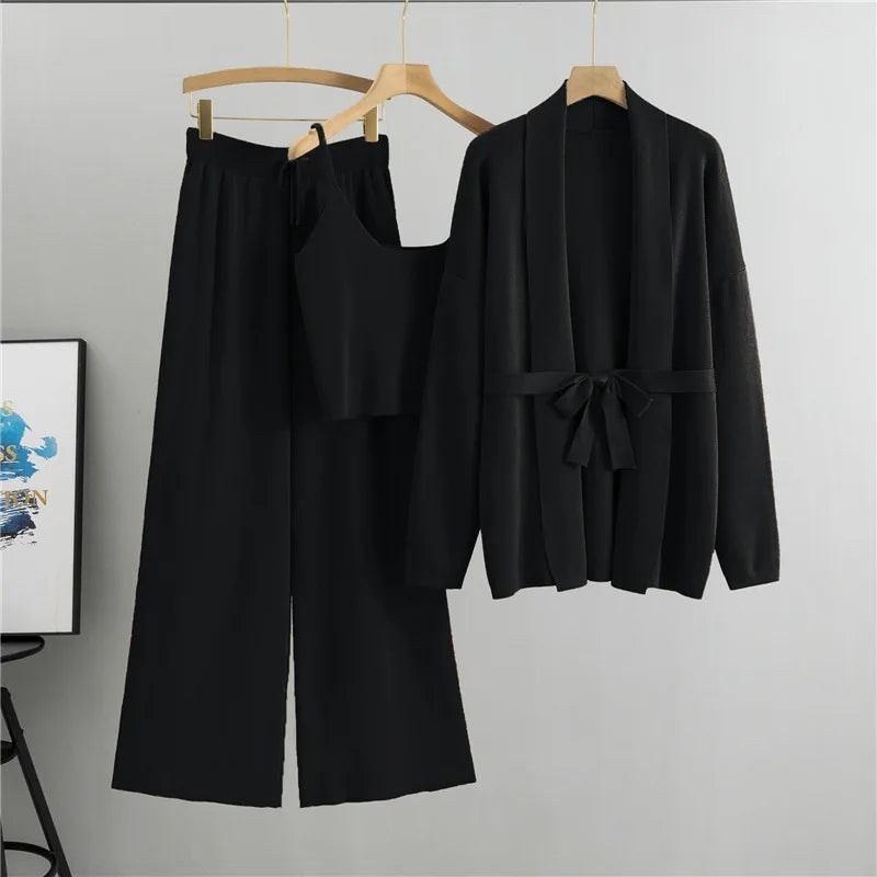 Loose Casual Fashion Set Women's Spring and Autumn Knitted Cardigan Jacket Camisole Wide Leg Pants Three Piece Set Natalia Home Fashion    Natalia Home Fashion