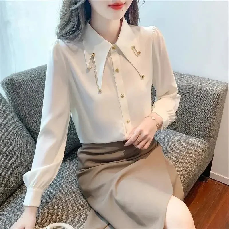 Early Pure Color Long Sleeve Polo Collar Women's Shirt Inner Wear French Style Elegant