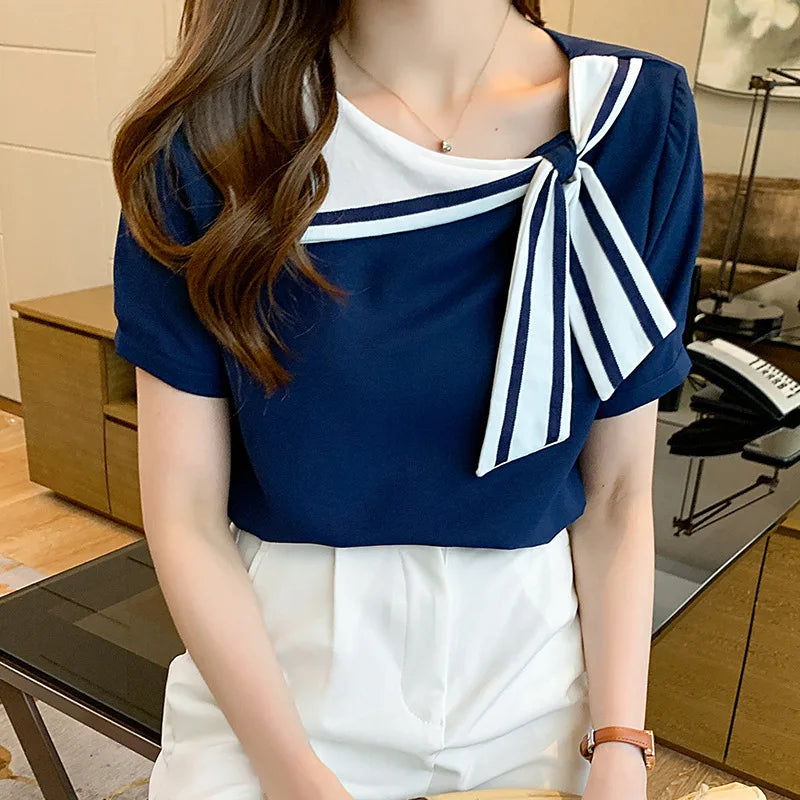 Summer 2026 Women's Short Sleeve T-Shirt Korean Style Slim Fit Casual Cotton Blend Striped/Plaid Loose Fit Neck Design Natalia Home Fashion    Natalia Home Fashion