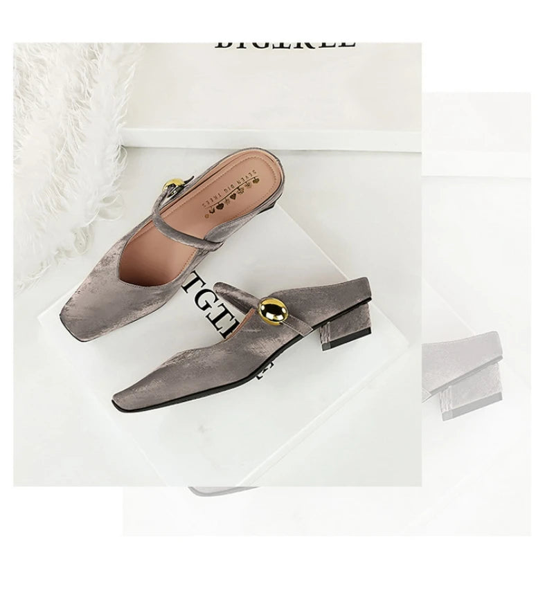 European Style Light-Mouthed Half-Slippers Women Wearing Thick Heels And Square-Toe Mary Jane Shoes One-Strap