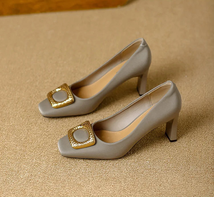 Basic Shallow Square Toe Women Pumps High Quality PU Leather Matte Thick Heel Office Shoes Woman Maroon 7CM High Heels