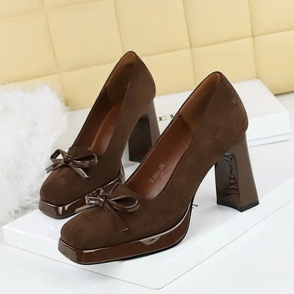 Chunky Block Heels Women Pumps Bow Decoration High Heels Square Headed Platform High Heels Suede Ladies Shoes - Natalia Home Fashion