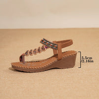 Bohemian Style Women's Sandals Summer Fashion Beach Slope Heel Slippers Beaded Diamond Slip-On round Toe PU Lined Mid Heel