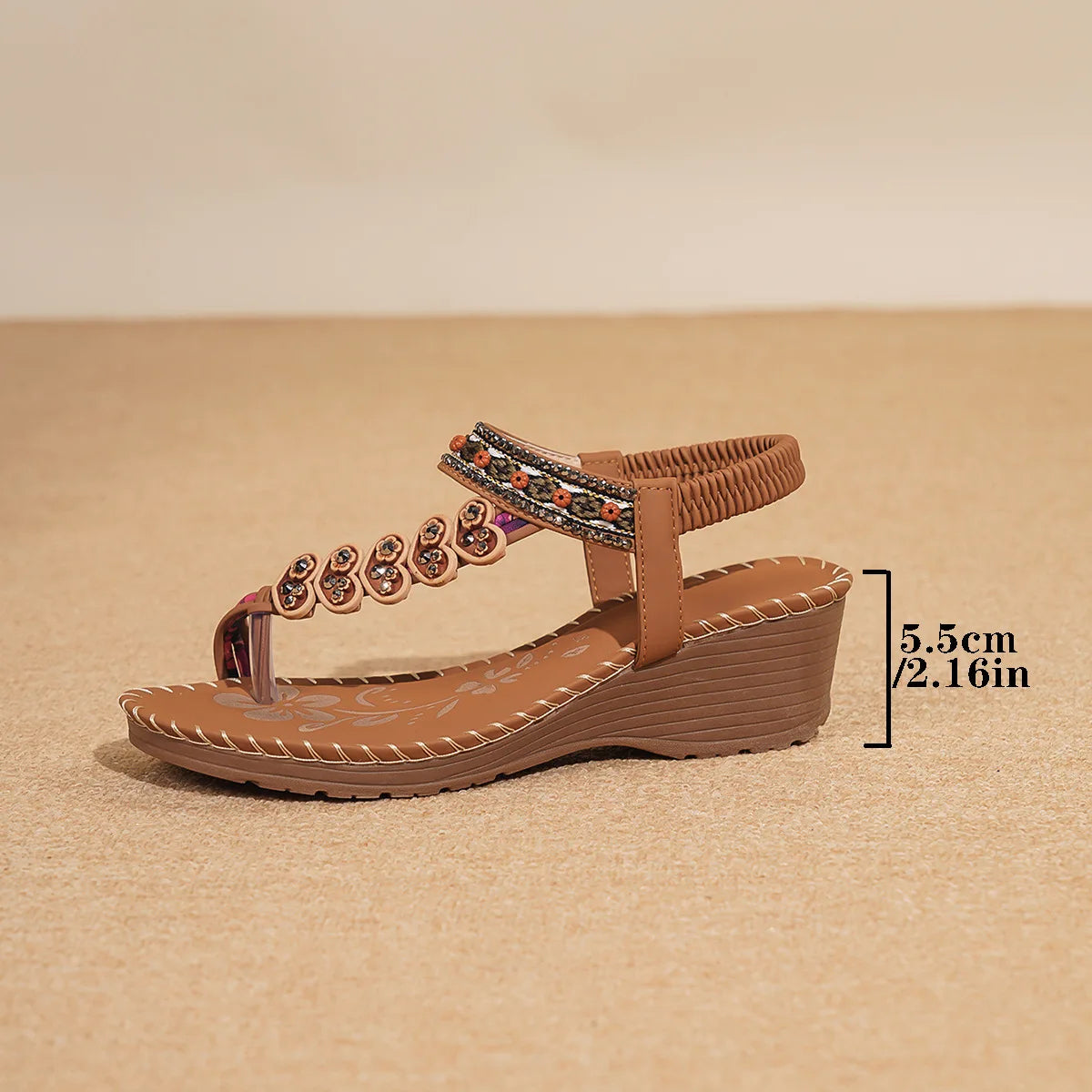 Bohemian Style Women's Sandals Summer Fashion Beach Slope Heel Slippers Beaded Diamond Slip-On round Toe PU Lined Mid Heel