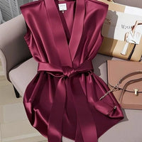 Elegant French style Sleeveless Waist-Cinching Shirt Chic Top Trendy V-Neck Acetate Fabric Urban Style