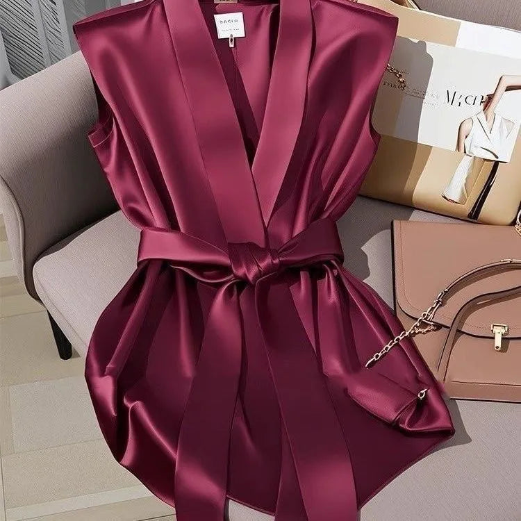 Elegant French style Sleeveless Waist-Cinching Shirt Chic Top Trendy V-Neck Acetate Fabric Urban Style