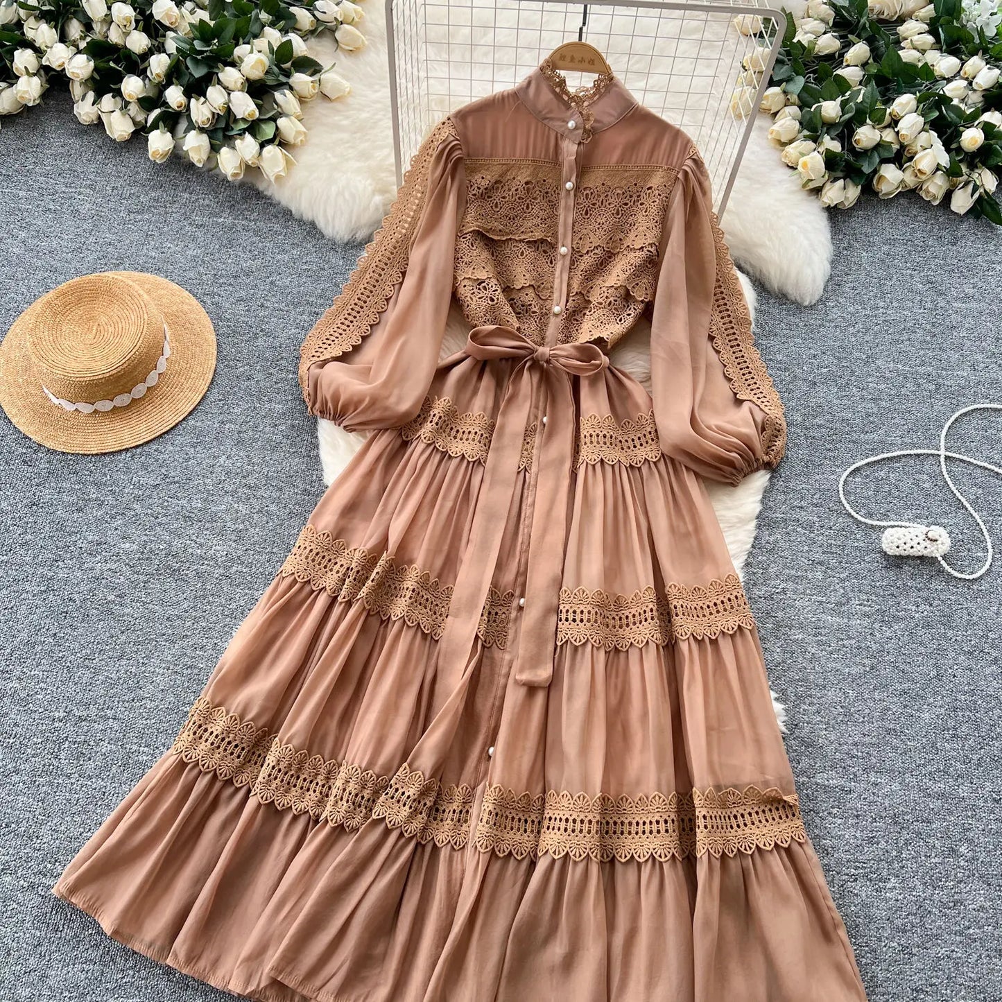 Elegant Hollow Out Organza Long Maxi Dresses Shirt Women  Layer Ruffle Full Sleeve Pearl Evening Party Dress