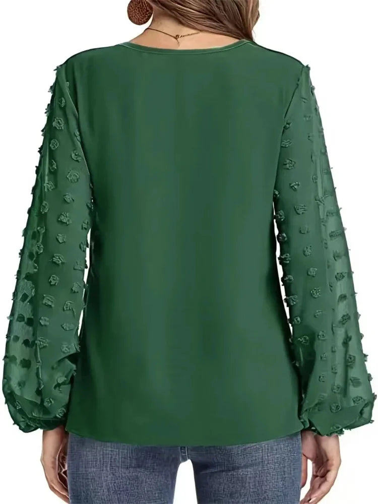 Nice Women Spring Summer Style Blouses Shirts Lady Casual V-Neck Long Lantern Sleeve Solid Color Blouse Tops Natalia Home Fashion    Natalia Home Fashion