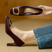 Basic Shallow Square Toe Women Pumps High Quality PU Leather Matte Thick Heel Office Shoes Woman Maroon 7CM High Heels