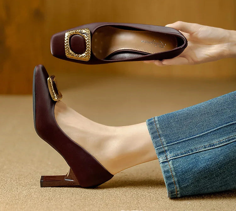 Basic Shallow Square Toe Women Pumps High Quality PU Leather Matte Thick Heel Office Shoes Woman Maroon 7CM High Heels