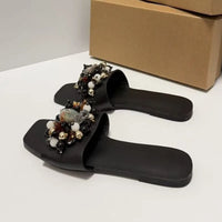Colorful Gemstone Pearl Women Beach Sandals Fashion Square Toe Slip on Casual Daily Street Style Ladies Flat Summer Shoes
