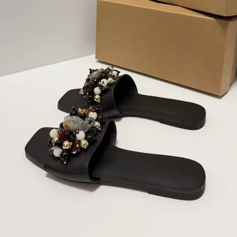 Colorful Gemstone Pearl Women Beach Sandals Fashion Square Toe Slip on Casual Daily Street Style Ladies Flat Summer Shoes