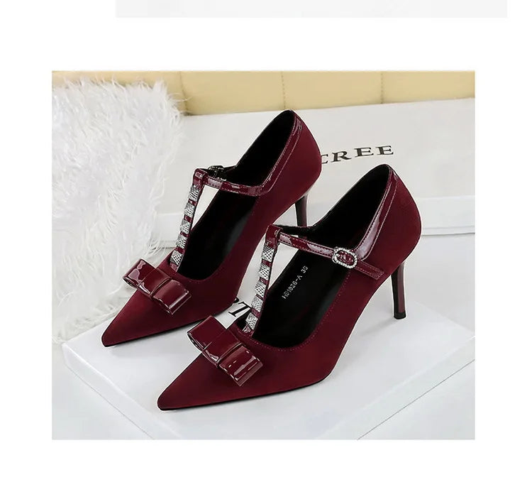 Banquet Bow Rivet T-button Pointed Head High Heel Women's Single Shoes