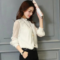 Korean Style Women's Chiffon Shirt Stand Collar Base Layer Top Spring Autumn New Fashion Sexy Mesh Lace Trim Long Sleeve Blouse Natalia Home Fashion    Natalia Home Fashion