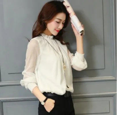 Korean Style Women's Chiffon Shirt Stand Collar Base Layer Top Spring Autumn New Fashion Sexy Mesh Lace Trim Long Sleeve Blouse Natalia Home Fashion    Natalia Home Fashion