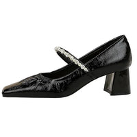 Heels Women Fashion CRYSTAL Pearl Pumps Square Toe Stripper Elegant Party Square Heel Ladies Shoes