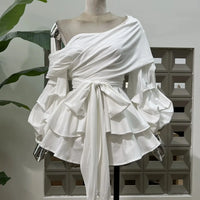 Women's Asymmetric Off-Shoulder Crop-Top Irregular Bow-Waist Puff-Sleeve Party Evening Top