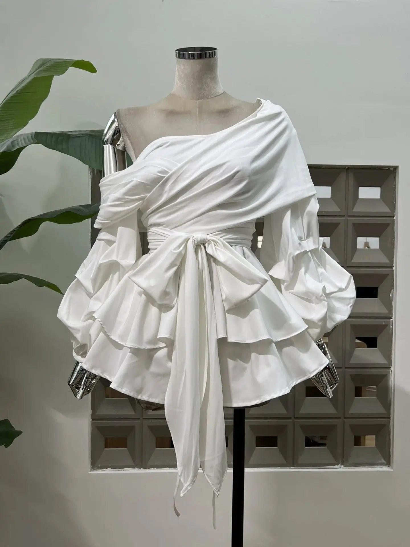 Women's Asymmetric Off-Shoulder Crop-Top Irregular Bow-Waist Puff-Sleeve Party Evening Top