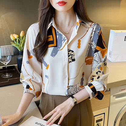 Spring Chiffon Shirt Women's Long-sleeved Printed Color Niche Chiffon