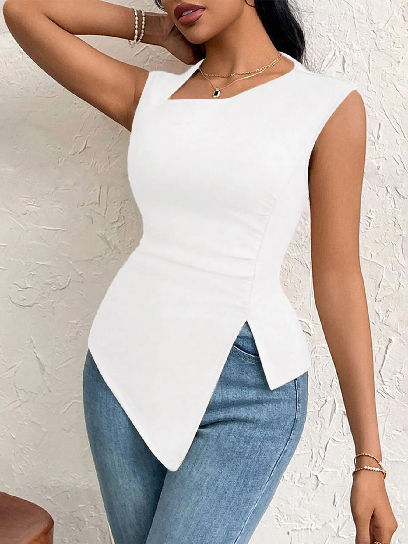 Spring Summer Elegant Stylish Daily Dating Casual Women's Sleeveless Tops Side Ruched Asymmetric Hem One-Shoulder Cut out