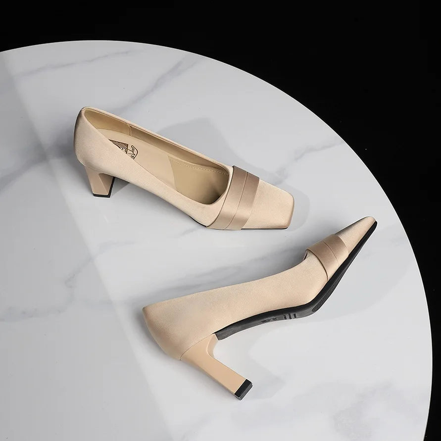 Elegant Satin High Heels Square Toe Slip-On Chunky Heel Comfortable Women's Shoes for Party Fashion Footwear Summer Autumn