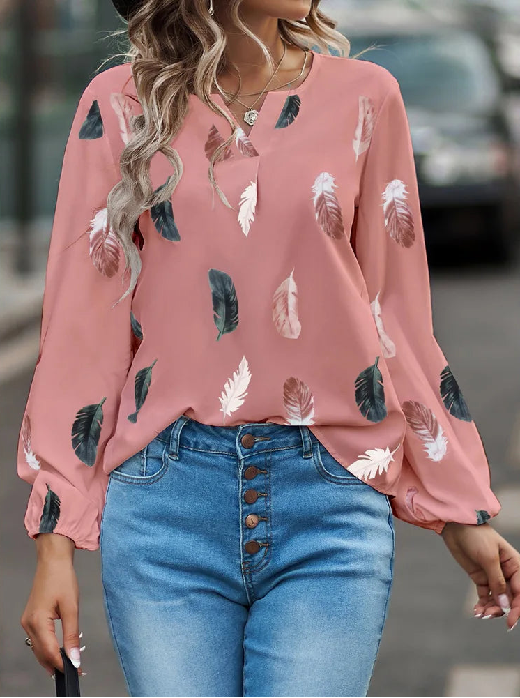 Fashion Woman Blouse Shirts For Women Stylish Top long Sleeve Feather Pattern Female Tops Elegant Chiffon Mujer Woman Clothes Natalia Home Fashion    Natalia Home Fashion