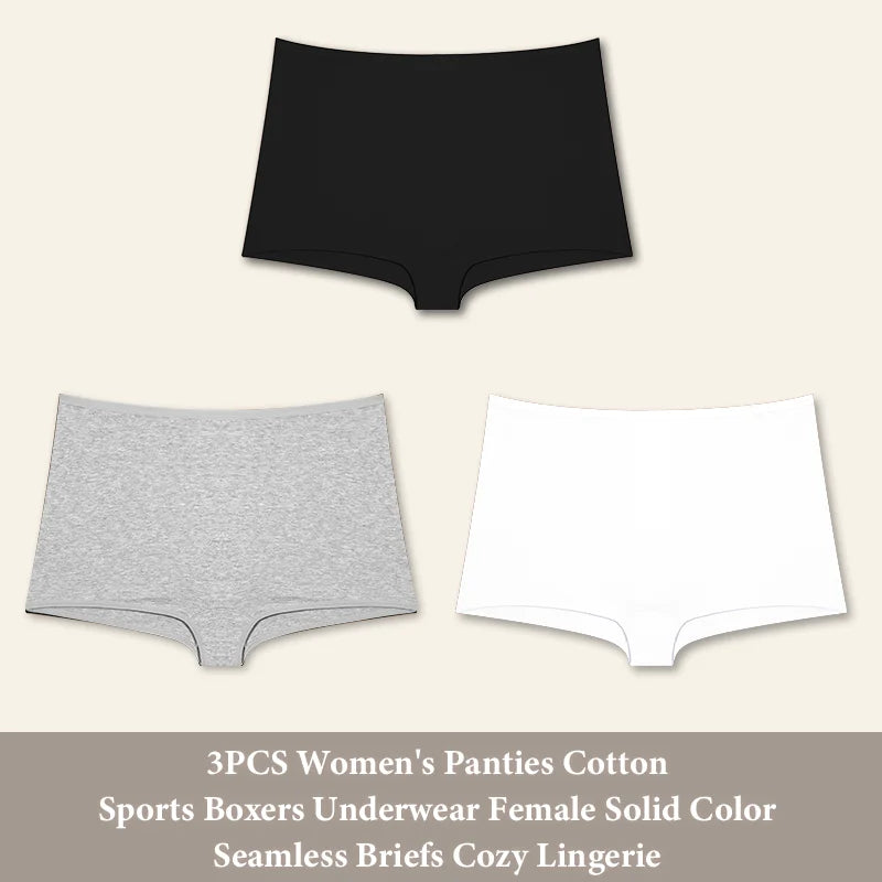 3PCS Women's Panties Cotton Seamless Sports Boxers Underwear Female Solid Color Briefs Cozy Lingerie Intimate Underpants