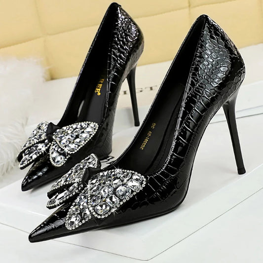 Stilettos Women Pumps Pointed Shoes Lady Heels Bowknot Design Rhinestone High Heels Female Shoes Sexy Party Shoes