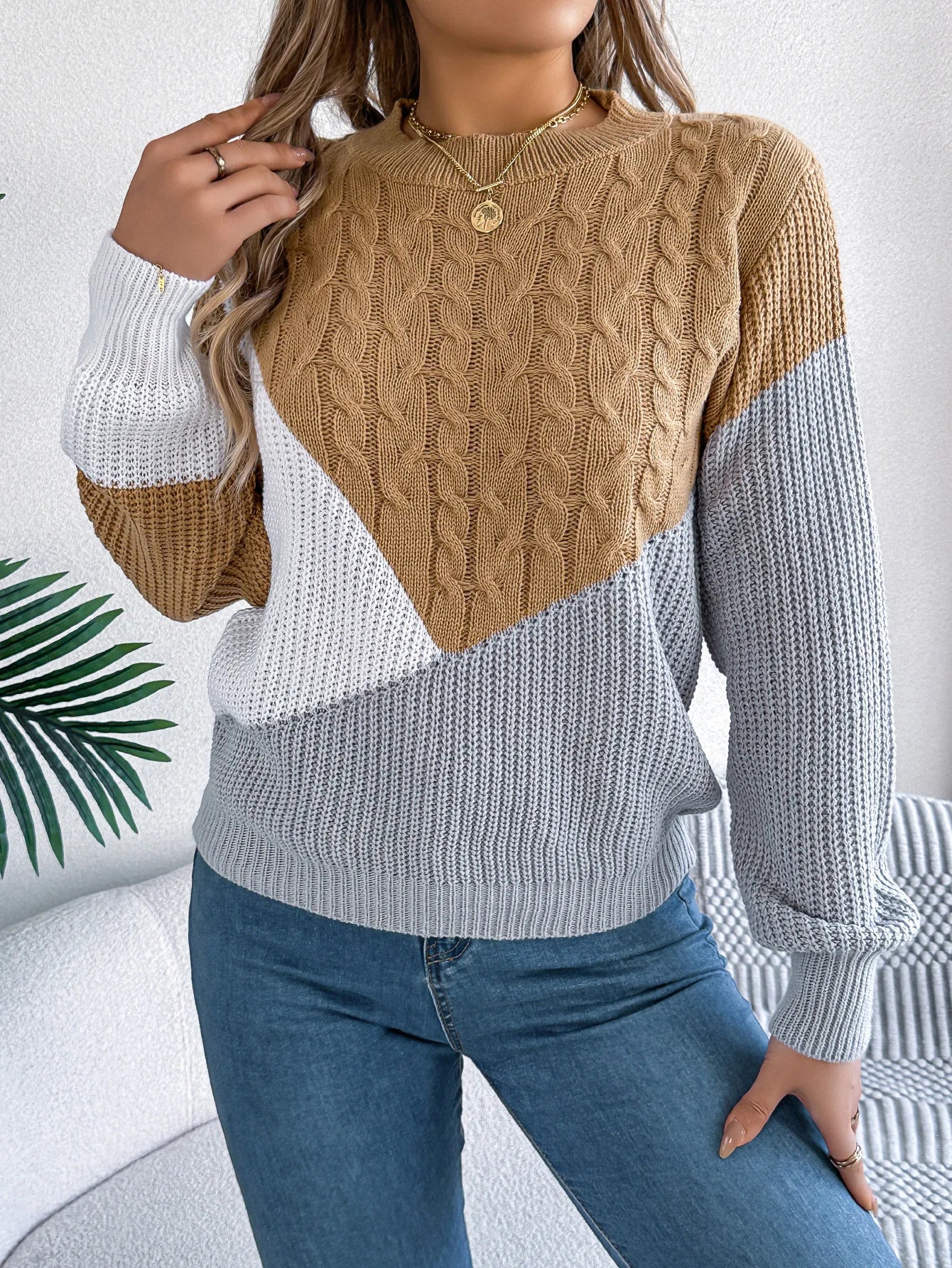 Women's Sweater Tops Sweaters Women Female Woman Clothing Casual Color-Blocked Long-Sleeved Pullover Sweater