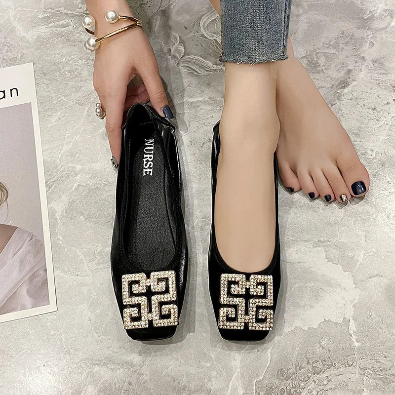 Rhinestones Buckle Flats Ballet Shoes Women Slip on Shallow Mouth Moccasins Elegant Women's Loafers Party Leather Ballerina