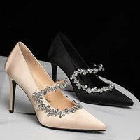 Elegant French Style High Heels Women's Satin Pointed Toe Shoes with Water Diamond Decoration Thin Heel Single Shoes