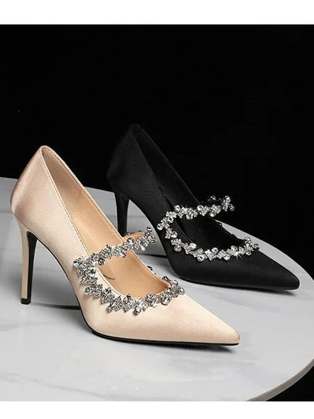 Elegant French Style High Heels Women's Satin Pointed Toe Shoes with Water Diamond Decoration Thin Heel Single Shoes