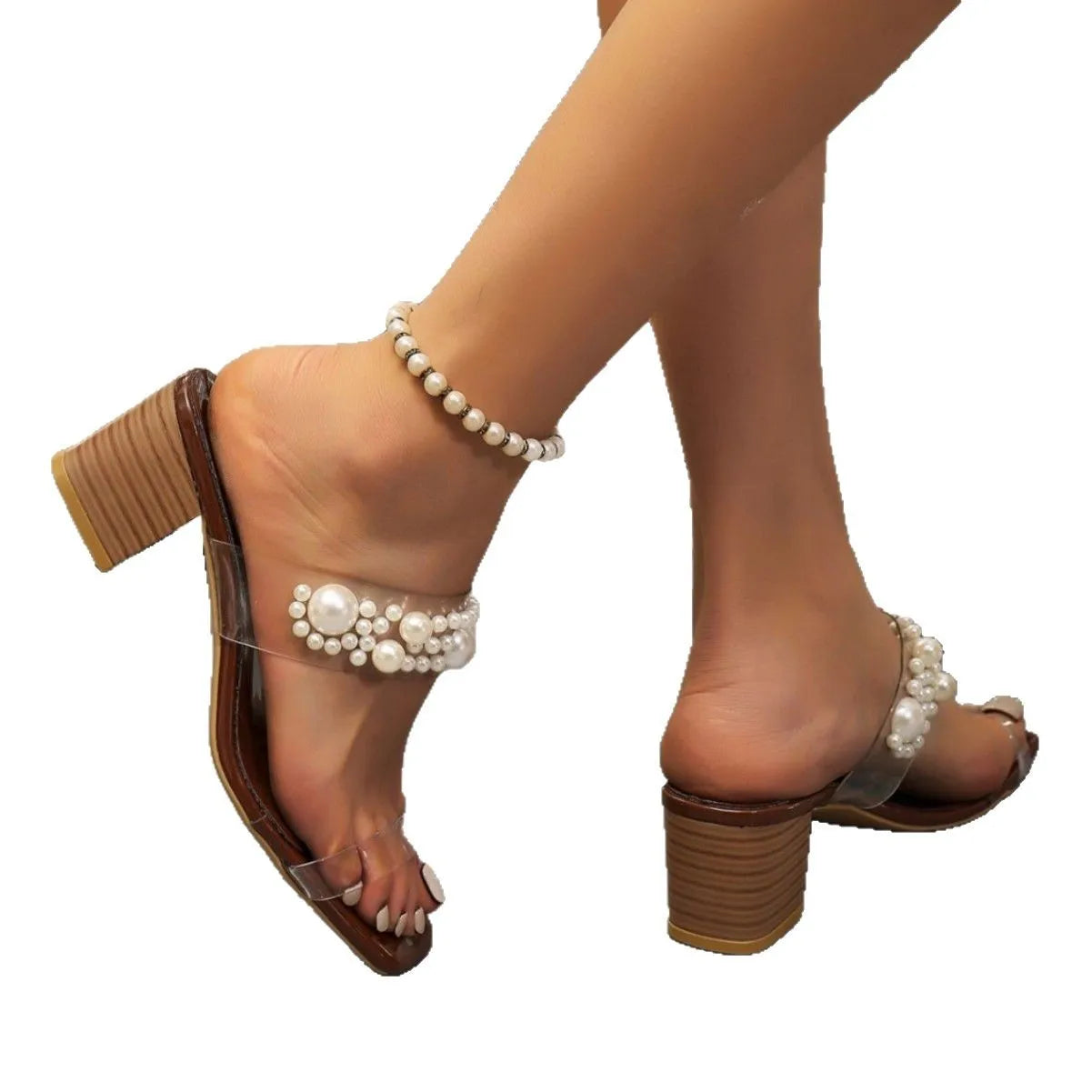 Ladies High Heels Pearl Embellished Chunky Heel Sandals Fashionable Square Toe Transparent Slippers for Outdoor Wear - Natalia Home Fashion