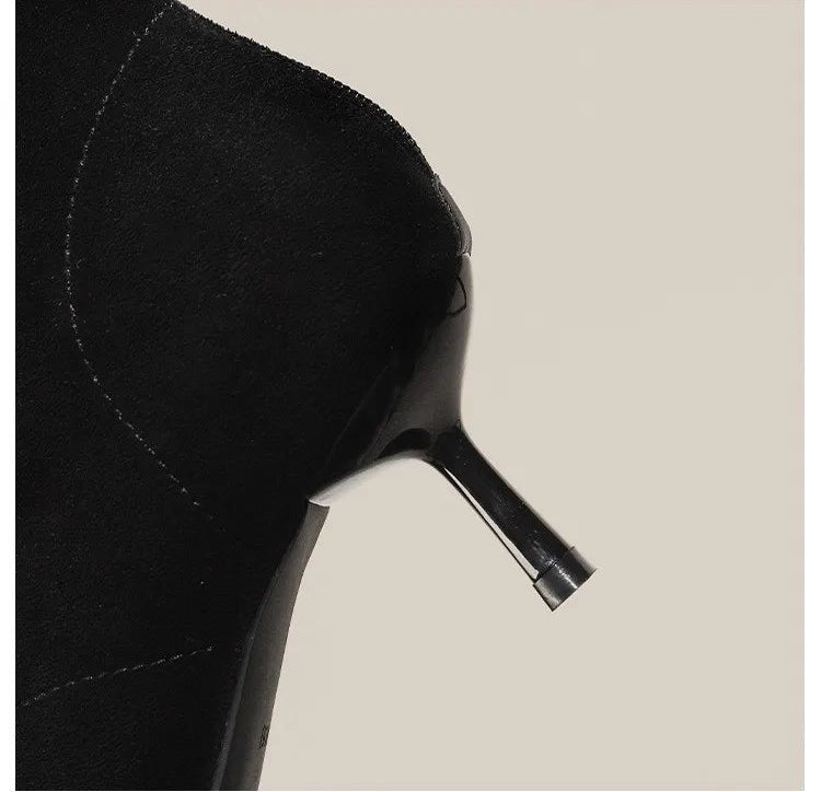 Fashionable Slim Fit Diamond Decorated Pointed Toe High Heel Bootie Mid-Calf Zipper Closure Leather Boot for Women