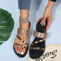 Women's Fashion Patent Leather Flat Heel Sandals Bling Rhinestone Narrow Band Beach Casual Slippers