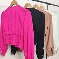 Women's Sexy V-neck Long Sleeved Short Waist Wrapped Bubble Sleeve Solid Shirt