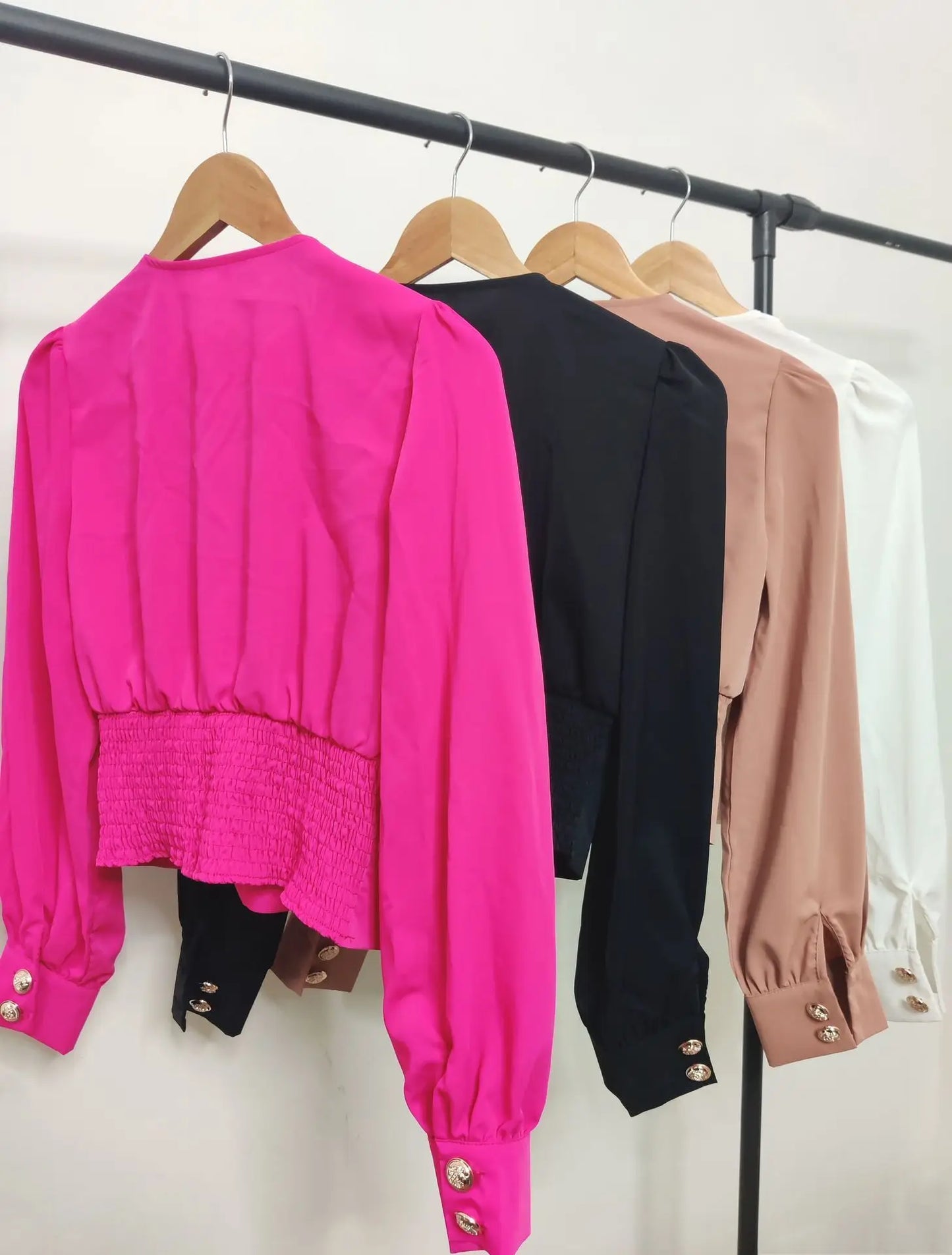 Women's Sexy V-neck Long Sleeved Short Waist Wrapped Bubble Sleeve Solid Shirt