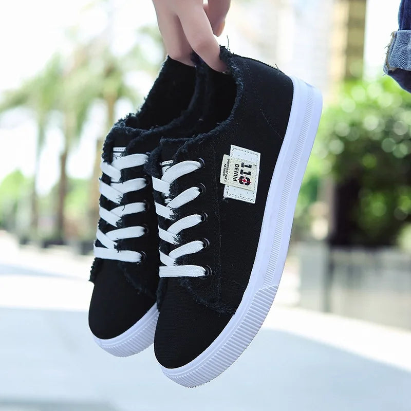 Women Canvas Sneaker Low Top Denim Sneakers Ladies Lace-Up Flat Canvas  Board Shoes Female